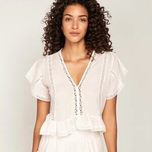 Peixoto Fraya Blouse Size XS White Ruffle Eyelet Cotton Beach Summer Swim